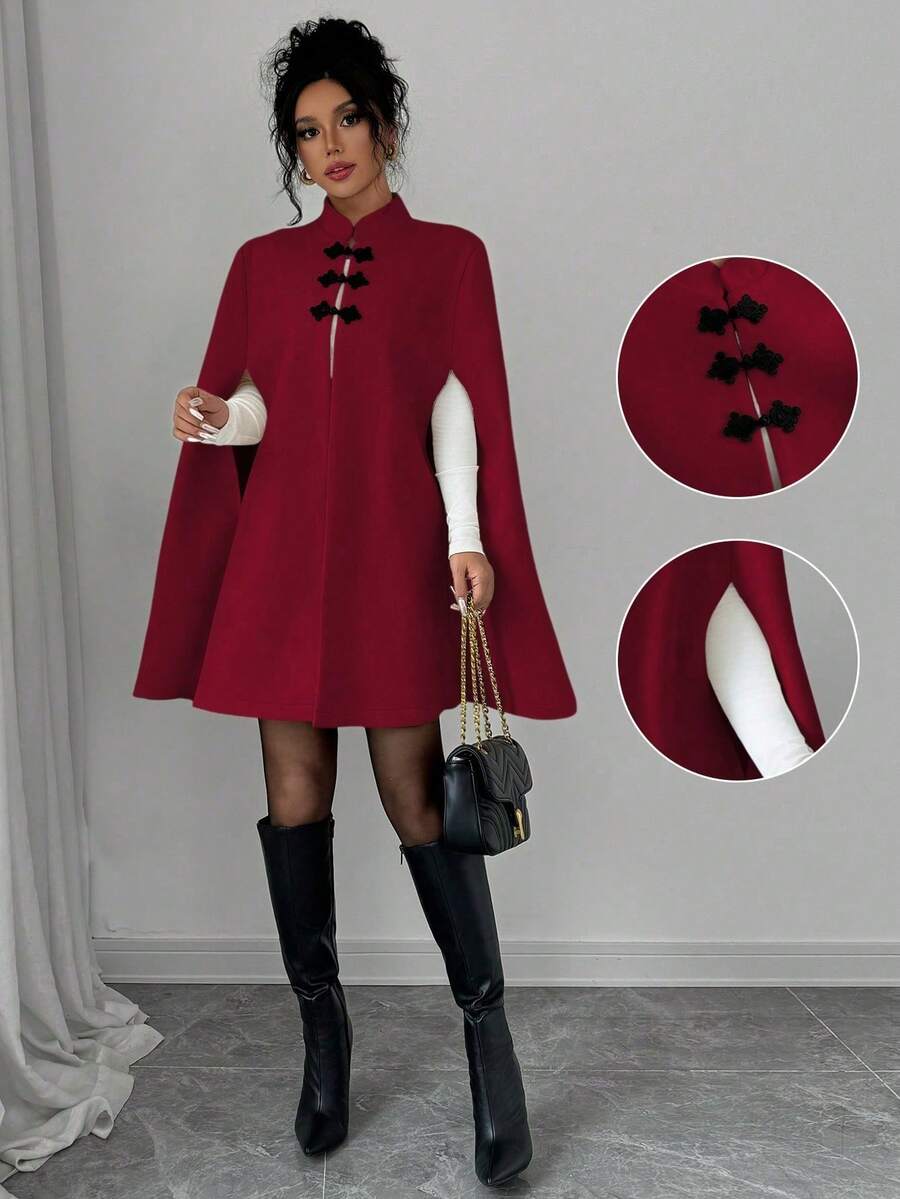 Rafferiza 优雅立领撞色中式纽扣斗篷外套，女士款，厚羊毛面料，秋冬红色斗篷，适合冬季、教堂等场合，樱桃红 - 玫瑰紅 - 查看 1