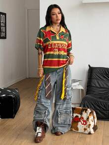 Coolane 夏季女士外出休闲街头风 Y2K 时尚说唱歌手条纹图案运动短袖 Polo 衫 - 彩色 - 查看 4