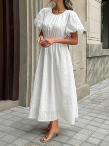 Livesso Round Neck Waist Cinched Lace Midi Dress For Women Summer Sundress - Beige - View 3