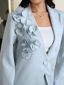 Modelyn Blazer elegante de mujer con un solo botón y diseño floral 3D para uso diario - Azul - Ver 3