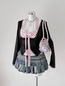 Sunspun Women's Contrast Color Bow Lace Trim Neck Splice Long Sleeve T-Shirt, Fashionable Design - Multicolor - View 7