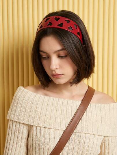 Joivida Sweet & Cool Heart Hollow Red Wide Headband Korean Niche Retro High-End Volumizing Hair Accessory