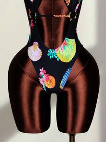 Zestiva 1pc Women's Sexy Hollow Cross Halter Nylon Printed One-Piece Swimsuit, Spring/Summer - Black - View 6