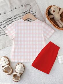 女婴可爱格子小熊蝴蝶结印花时尚休闲舒适圆领短袖T恤短裤套装，适合派对、聚会、春夏穿着。 - 彩色 - 查看 2