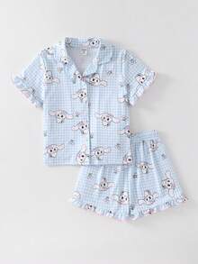 Conjunto de pijama infantil feminino de 2 peças, estampa xadrez com desenho de coelho, blusa com botões frontais e shorts, roupa de dormir confortável. - Azul - Ver 8