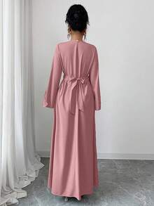 Rafferiza Women's Loose V-Neck Ruffle Hem Long Sleeve Robe, Turkish Robe, Arabic Robe Dress Modest Bell Sleeves Long Sleeve Elegant Dress Prayer Dress Women Clothing Elegant - Pink - View 2