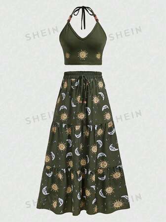 Hippie Set Halter Top E Gonna Con Motivo Sole Per Signore