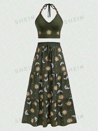 Hippie Ensemble Haut-à-bretelles Et Jupe Pour Dames Avec Motif De Soleil