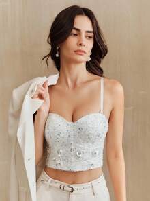 Anewsta White Lace Sequin Beaded Bustier Style Crop Top, Elegant - White - View 4