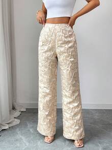 SHEIN Elenzya Quần ống loe jacquard không co giãn, thanh lịch dành cho nữ, thích hợp mặc hàng ngày. - Màu be - Xem 3