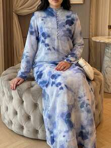 Yasmyna 女士印花立领优雅长袖土耳其长袍和阿拉伯传统罩袍 - 彩色 - 查看 4