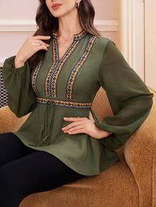 Rafferiza Women's Color Block Ribbon Patchwork Military Green Shirt, Chiffon Sleeve Patchwork, Elegant For Middle Eastern Festivals And Commuting - Army Green - View 4