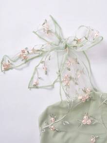 SHEIN Tween Girls' Elegant Floral Embroidered Mesh Camisole Dress, Summer - Green - View 6