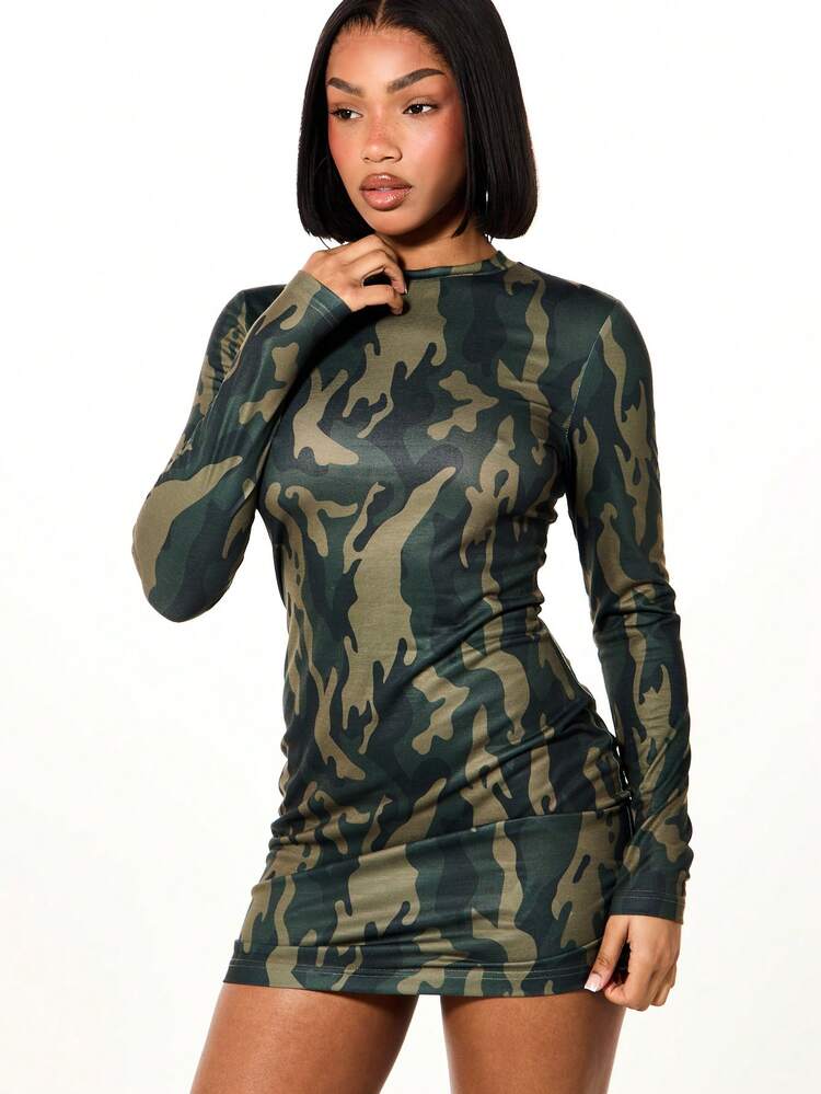 SUMWON WOMEN Camouflage High Neck Long Sleeve Mini Dress