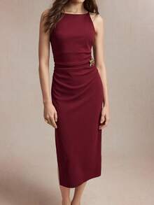 SHEIN BIZwear 2026 Spring/Summer New Wine Red Thin Strap Design Waist Ruched Metal Decor Dress, Versatile For Layering, Y2K, Office, Business, Social Occasions - Burgundy - View 10