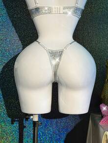 MidnightGlam 一套女士内衣套装，带流苏装饰，金属光泽女士文胸，2条内裤 - 銀色 - 查看 10