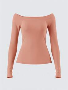 SHEIN BASICS 1件女士休闲纯色针织露肩长袖修身上衣 - 藕粉色 - 查看 3