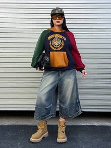 HARRY POTTER X SHEIN Áo nỉ tay raglan phối màu, có túi, kiểu dáng thường ngày dành cho nữ sinh viên, in hình huy hiệu động vật và chữ cái. - Nhiều màu - Xem 4