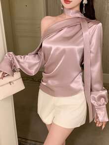 DAZY Camisa de mujer de manga larga con hombros descubiertos, diseño casual para oficina, viajes, bodas, primavera y verano - Rosa - Ver 3