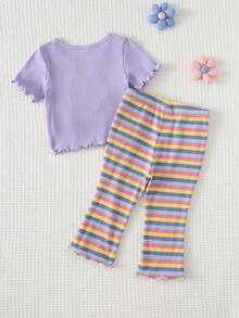 Cozy Pixies 2件套女婴/幼儿女童花卉刺绣柔软针织紫色短袖上衣和粉色彩色条纹弹力腰喇叭裤套装 - 彩色 - 查看 2