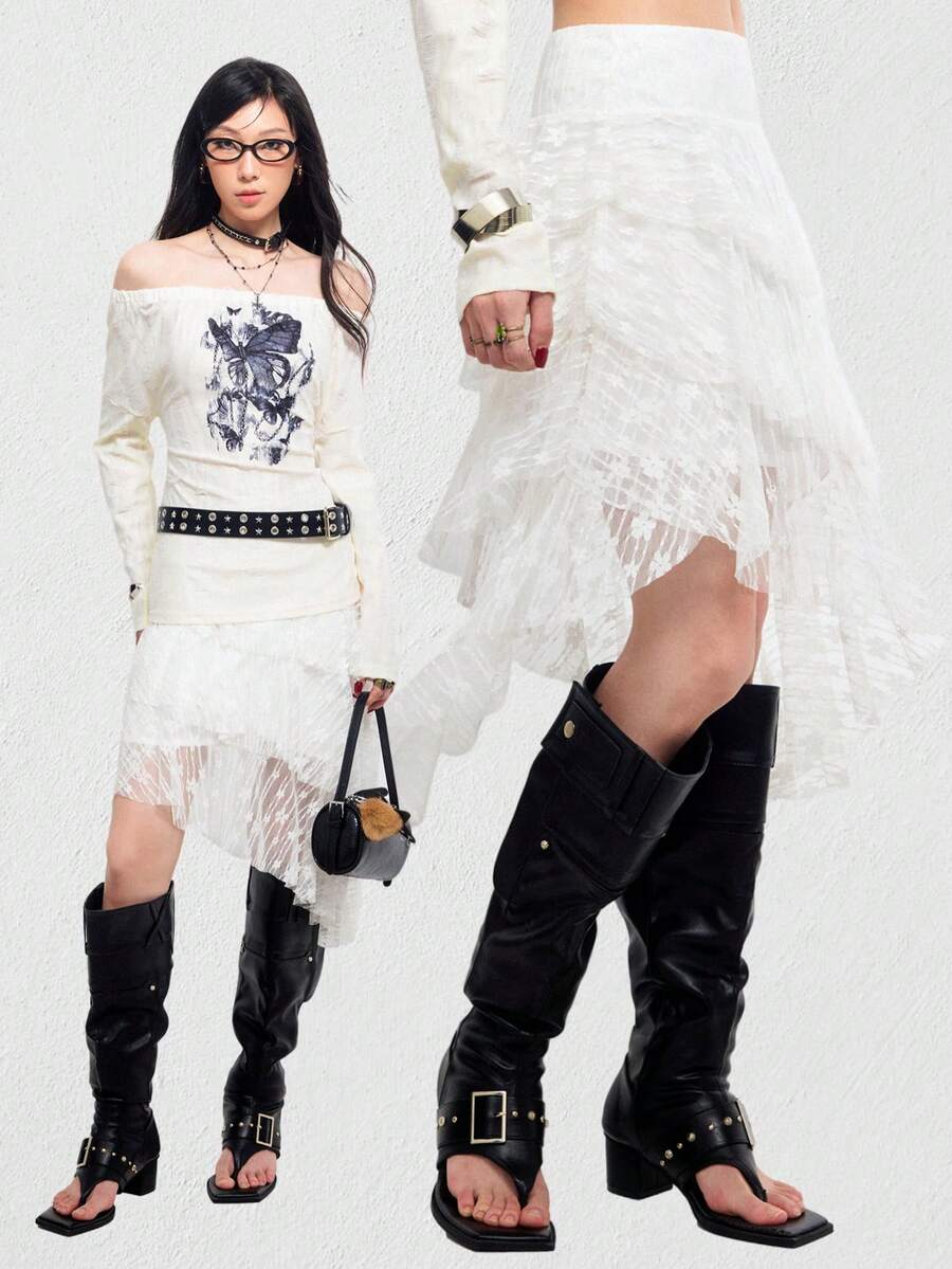 Bloopia 女士时尚不对称下摆花卉蕾丝半身裙，休闲/度假风 - 白色 - 查看 1