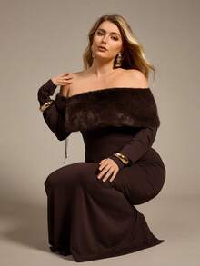 Auralis Plus Size Women's New Elegant Faux Fur Collar Patchwork Long Sleeve Fit & Flare Maxi Dress, Suitable For Valentine's Day, Concerts, Performances, Dates, Formal Dinners, Galas, Weddings, Sexy & Romantic Mermaid Style, Birthday Party - Brown - View 1