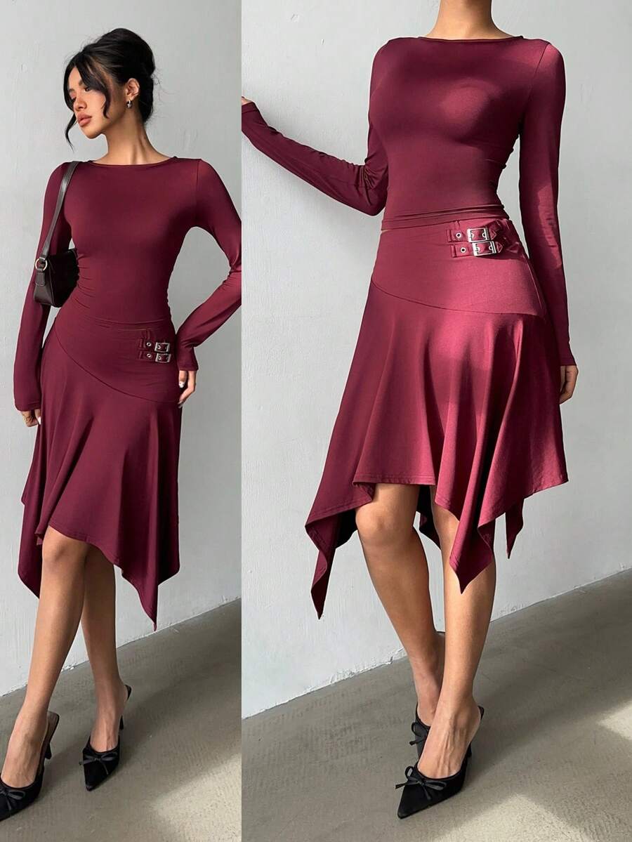 Aloruh Women's Burgundy Autumn Chic Dinner Date Y2K Suit, Elegant Round Neck Top & Metal Buckle Asymmetric Hem Umbrella Skirt, Fashionable Set