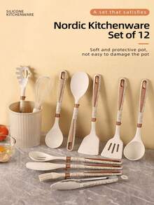 12件套厨房硅胶汤勺、平底锅和铲子套装，不粘锅，菱形手柄，耐高温硅胶厨具套装 - 多色 - 查看 1