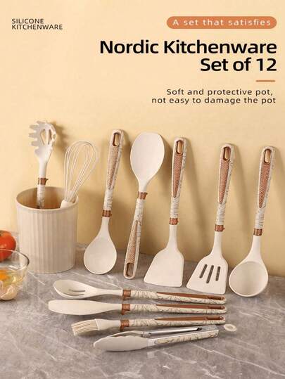 طقم أدوات مطبخ من 12 قطعة، ملاعق شوربة من السيليكون، مقالي وأدوات نقل غير لاصقة، مقابض بنقشة ماسية، أدوات نقل من السيليكون مقاومة للحرارة العالية
