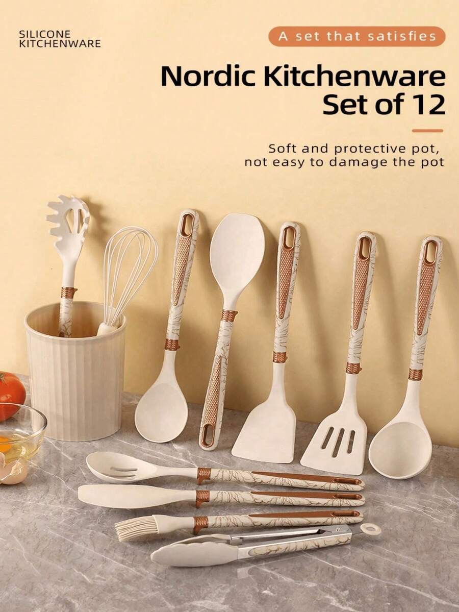 12件套厨房硅胶汤勺、平底锅和铲子套装，不粘锅，菱形手柄，耐高温硅胶厨具套装 - 多色 - 查看 1