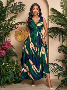 SOLERSUN 女士无袖松紧腰长裙，适合夏季度假和日常穿着、波西米亚风节日、海滨度假、海滩旅行、约会、通勤、优雅（随机花卉）