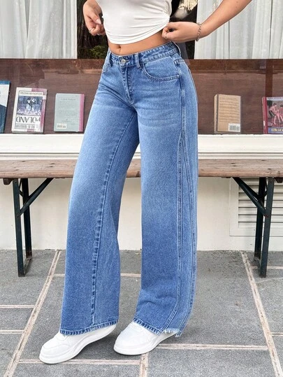 Flirla Women's Pocket Loose Wide Leg Casual Versatile Denim Pants