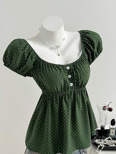 Elamini Women's Comfortable Square Neck Polka Dot Print Short Sleeve Blouse