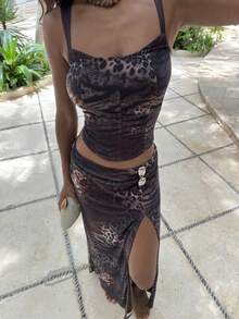 Opulessa 2pcs Women's Knit Mesh Printed Camisole & High Slit Skirt Set, Suitable For Spring/Summer Vacation - Dark Grey - View 1