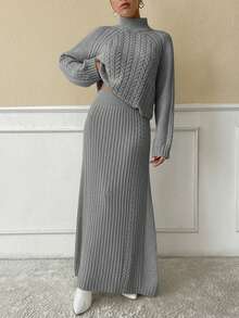 EURMUSE 2pcs Set Twisted Rib Knit Oversized Turtleneck Loose Sweater - Light Grey - View 4