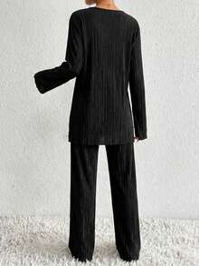 EURMUSE 2pcs/Set Casual Solid Color Flare Sleeve Top And Pants Set, Spring/Autumn - Black - View 2