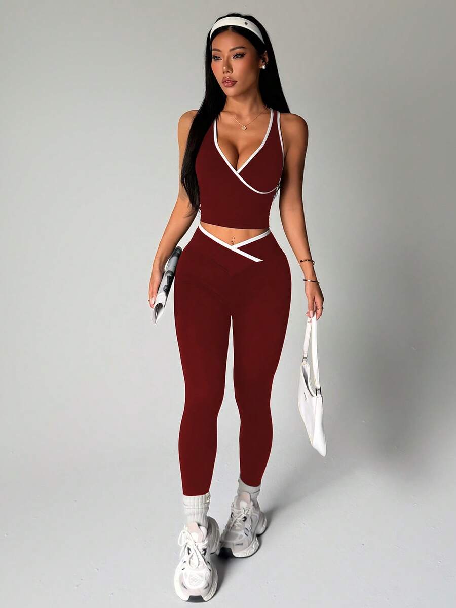 Dewbera Bộ đồ tập yoga liền mạch dành cho nữ, áo vest phối màu tương phản và quần legging bó sát với viền tương phản ở eo. - Màu Đỏ Sâu - Xem 1