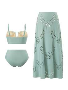 Swim Oasis Plus Size Solid Color Laser Cut Floral V-Neck Adjustable Strap Top Paired With High Waist Solid Color Laser Cut Floral Triangle Bikini Bottom And High Waist Solid Color Laser Cut Floral Skirt, Sexy Elegant Beach Holiday Swimsuit Set - Baby Blue - View 2