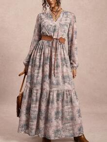 SHEIN VCAY Robe imprimée tout-aller à encolure échancrée, grande taille - Nude - Voir 6