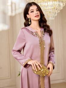 Yasmyna Women's Elegant Long Sleeve Hooded Abaya With Ribbon Trim - Dusty Pink - View 4