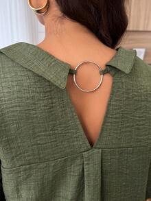 SHEIN LUNE Plus Size Women's Casual Mid-Sleeve Shirt With Backside Ring Design, Spring/Summer - Army Green - View 8