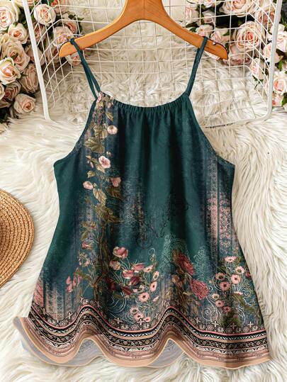 EMERY ROSE 大码女式夏季波西米亚风优雅花卉图案复古印花吊带背心