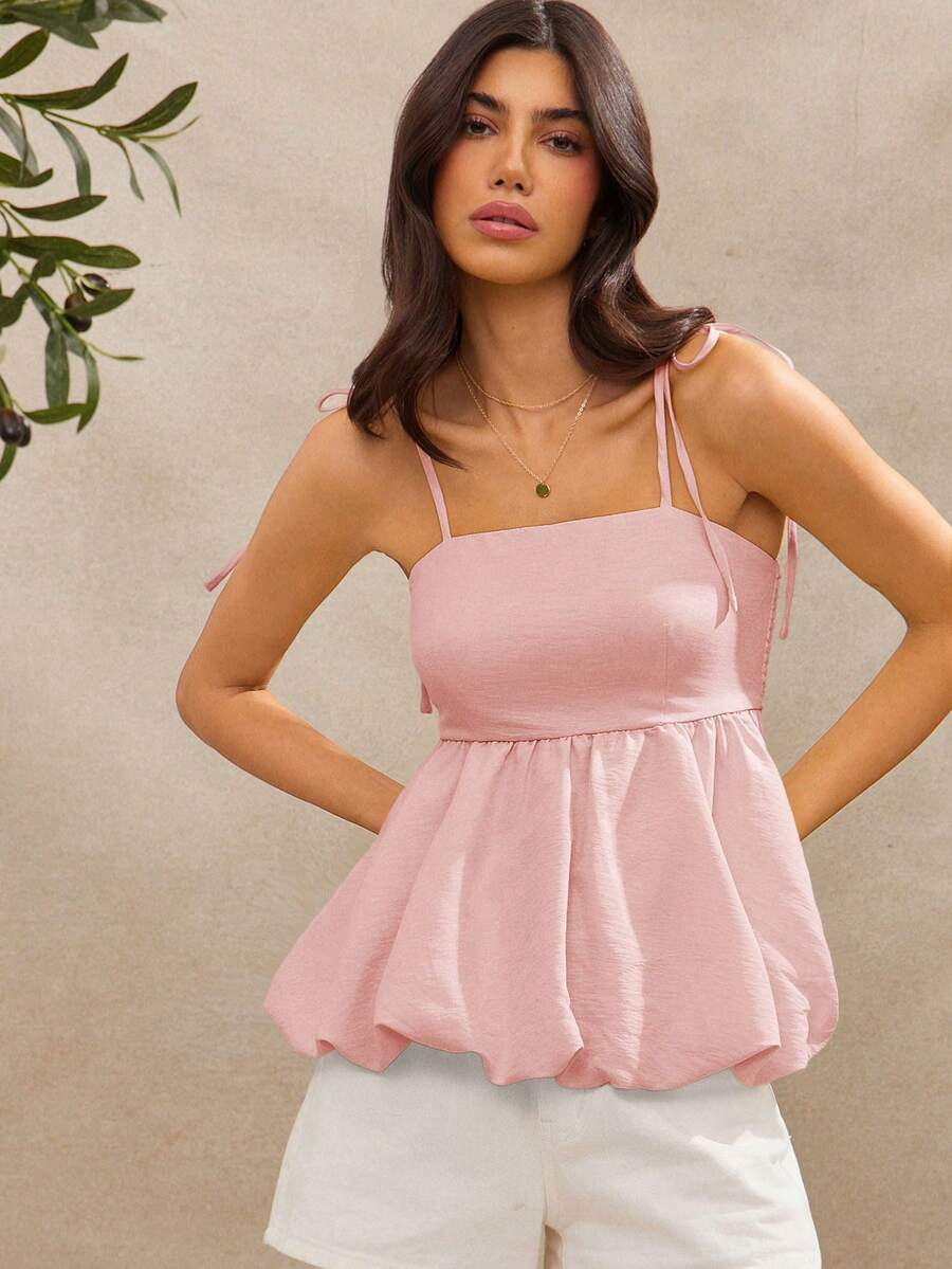 WESTFADE 西部夏季方领可爱蝴蝶结肩带褶皱后背牛仔泡泡下摆背心，春假海滩度假 - 淺粉色 - 查看 1