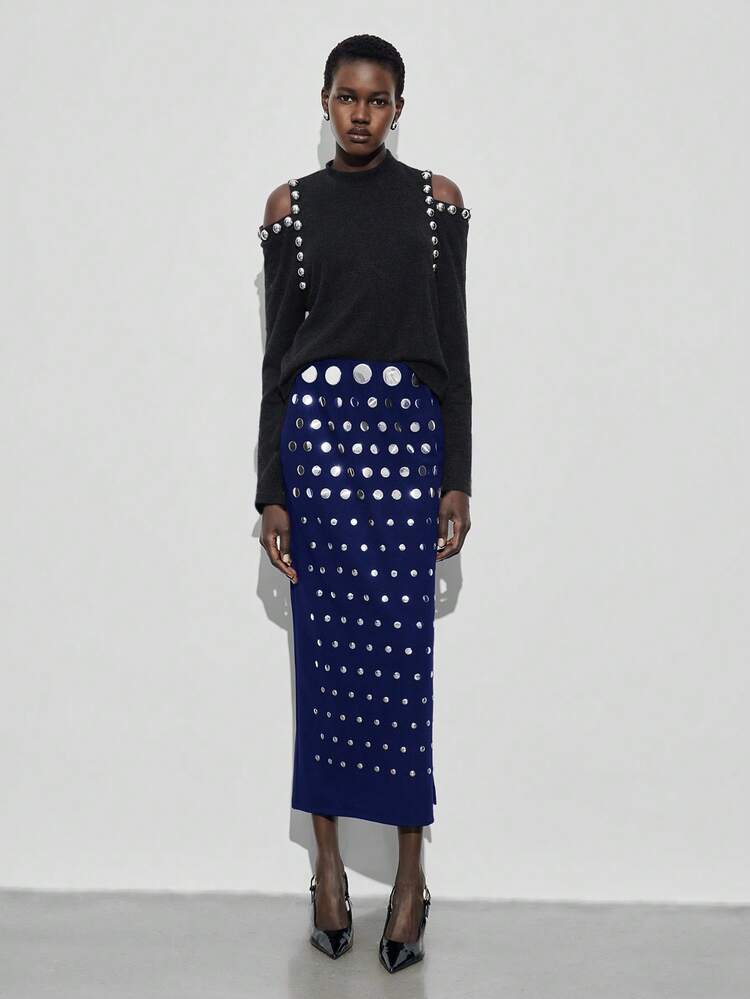 SHEIN Maija 2026 Fashion Commuter Sequin Decor Side Slit Skirt Blue Skirt Navy Long Skirt With Slit Blue Sequin Skirt St Patrick's Day Women Easter Summer Easter Women Party Top Beach Summer Holiday Each Vacation For Women Summer For Women Going Out Graduation Graduation Casual Casual Blouses For Women Blue Skirt Navy Blue Skirt