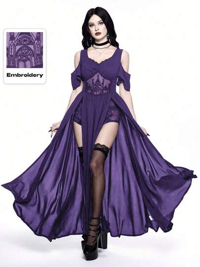 Gothic Style Embroidered Hollow Out Deep V-Neck Off Shoulder High Slit Women's Dress