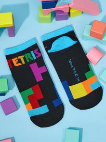 Tetris™ X SHEIN 2Pairs Soft & Breathable Moisture-Wicking Casual Ankle Socks Fashionable & Cute White & Black Short Socks Reinforced Toe & Heel For Durabiliy Unisex For Men & Women All Season All-Match Summer Winter,Graphics Socks - Multicolor - View 7