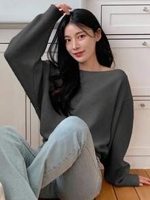 DAZY 女士纯色不对称领宽松长袖T恤 - 深灰色 - 查看 5