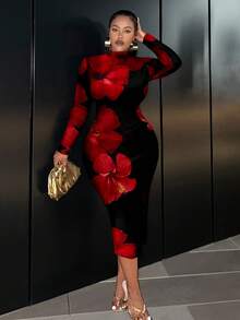 Slaydiva Robe longue à manches longues ajustée avec imprimé floral tropical, décontractée et convenant aux grandes tailles, idéale pour les vacances - Multicolore - Voir 4