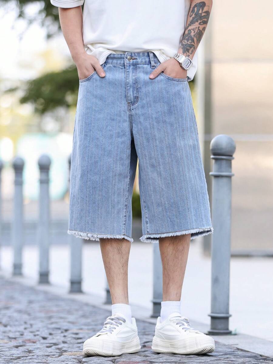 Manfinity Homme 男士毛边斜插口袋休闲提花阔腿牛仔短裤 - 淺色水洗藍 - 查看 1