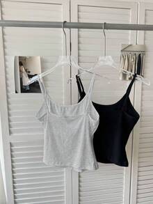 SHEIN EZwear 2件装女士休闲日常通勤简约纯色吊带背心，细肩带设计，基础款吊带衫，夏季上衣，女士背心，女士吊带衫，女士上衣，夏季女士上衣 - 彩色 - 查看 2